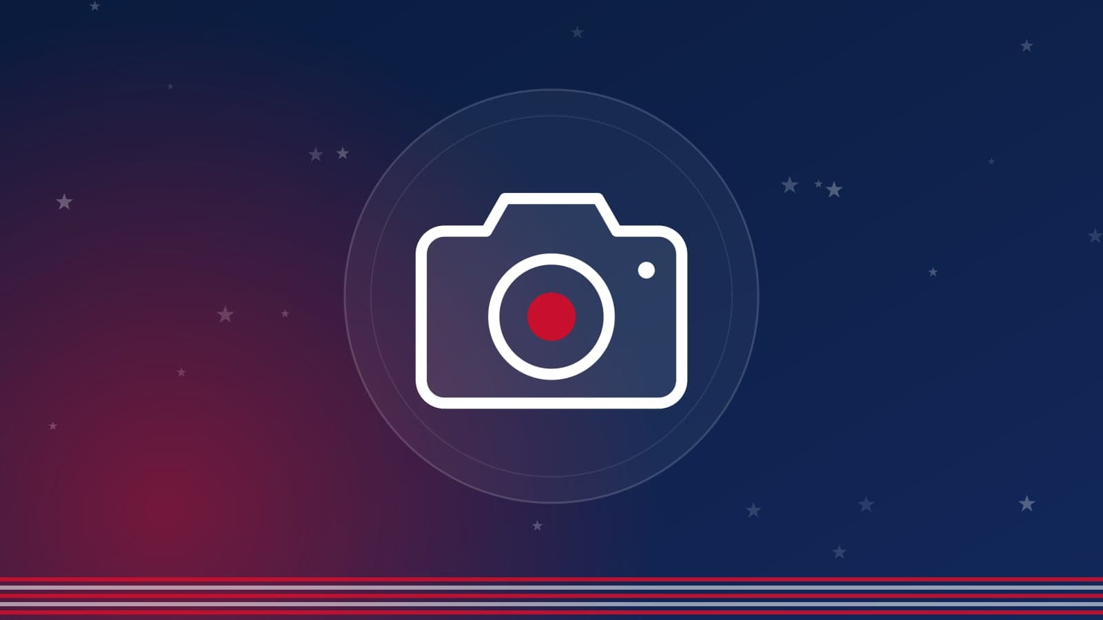 Capa em azul-marinho, com listras e estrelas da bandeira dos EUA e uma câmera fotográfica ao centro